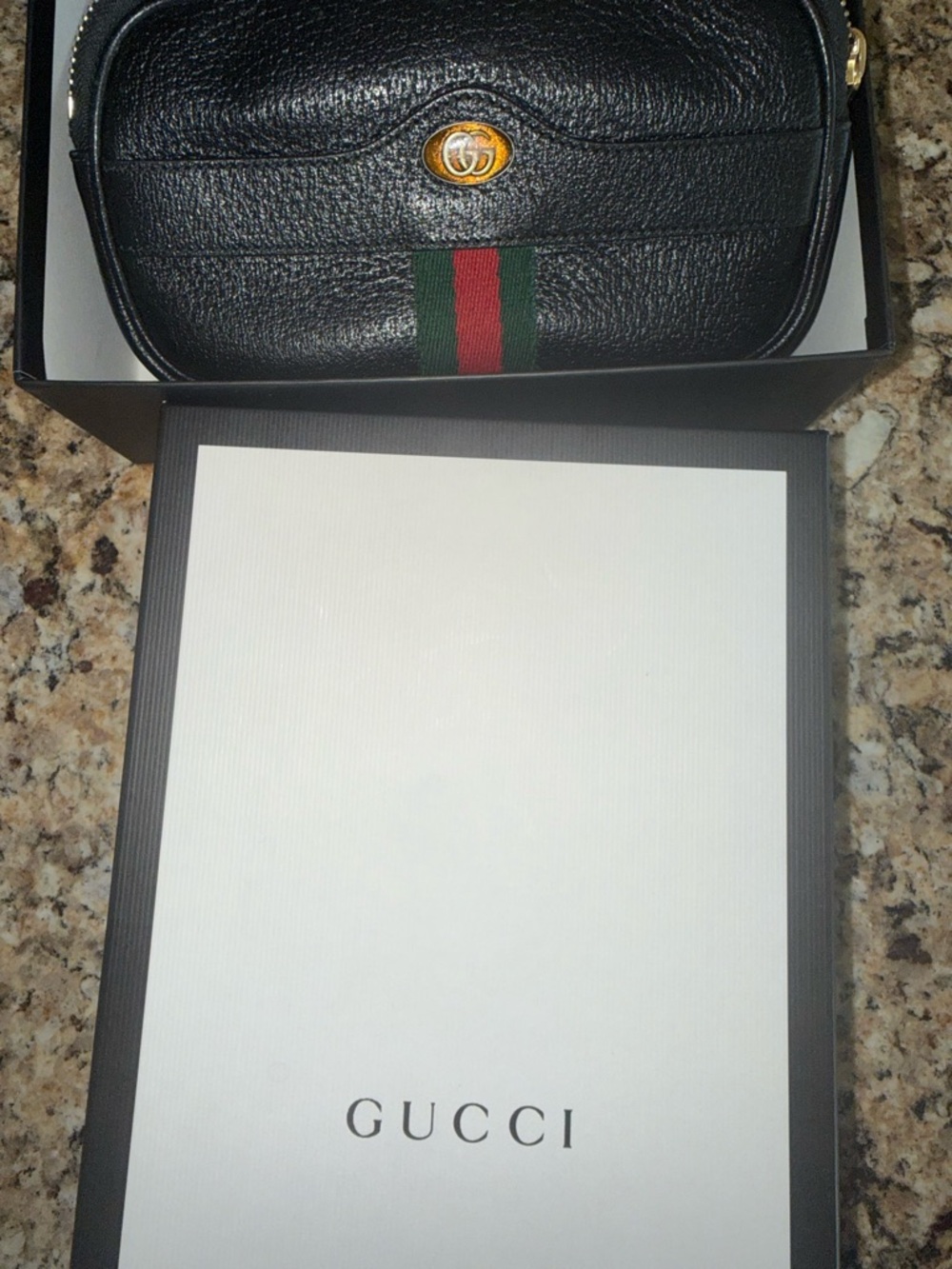 Gucci Black Leather Belt Bag with Green-Red Web Stripe and Gold Hardware